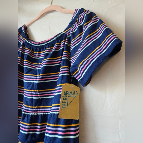 Girl's Striped Short Sleeve Dress in Navy and Pink with Fitted Waist and Collar - Picture 3 of 6